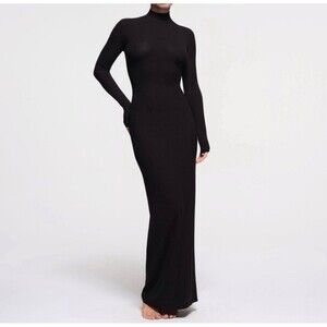 NWT SKIMS Soft Lounge Black Onyx Turtleneck Ribbed Maxi Dress